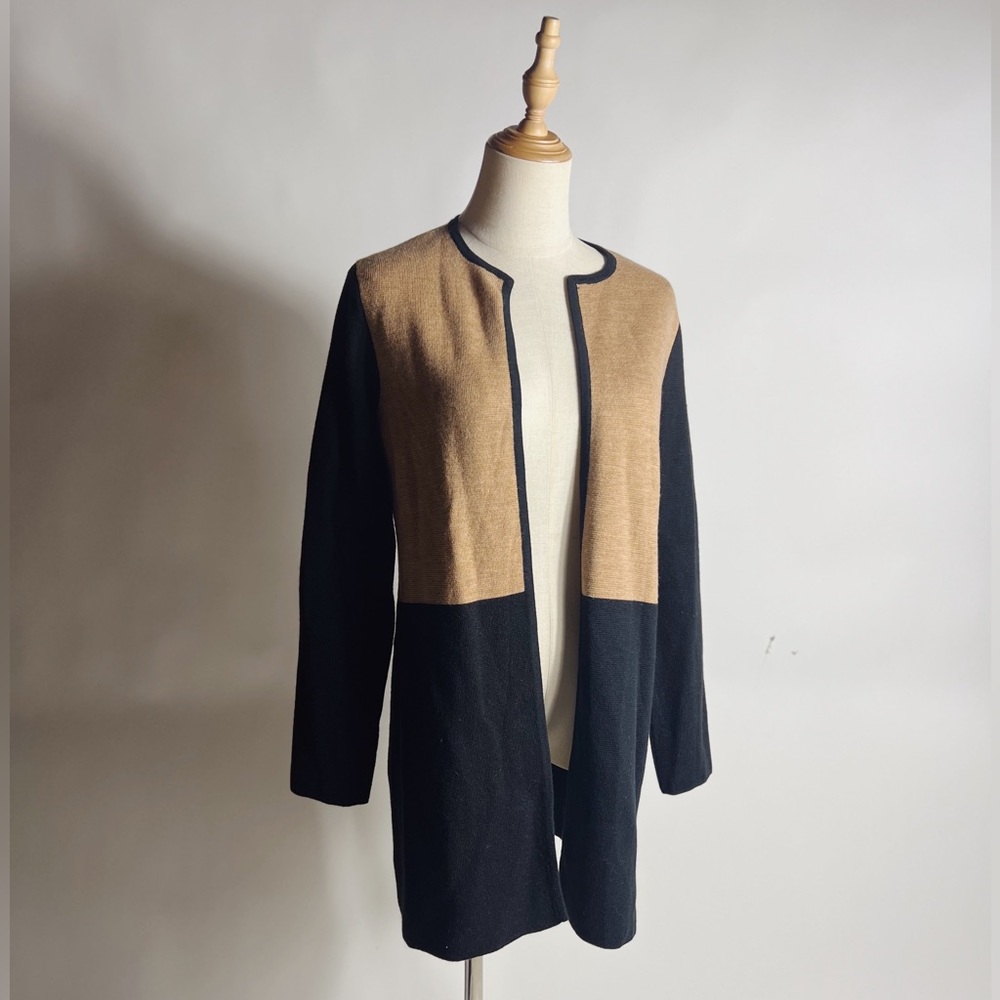 Talbots Colorblock Tan Black Open Front Longline … - image 1